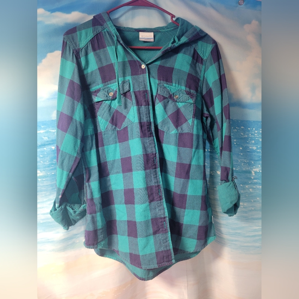 Columbia Blue Hooded Plaid Button Down Shirt/Light Shacket Size Medium